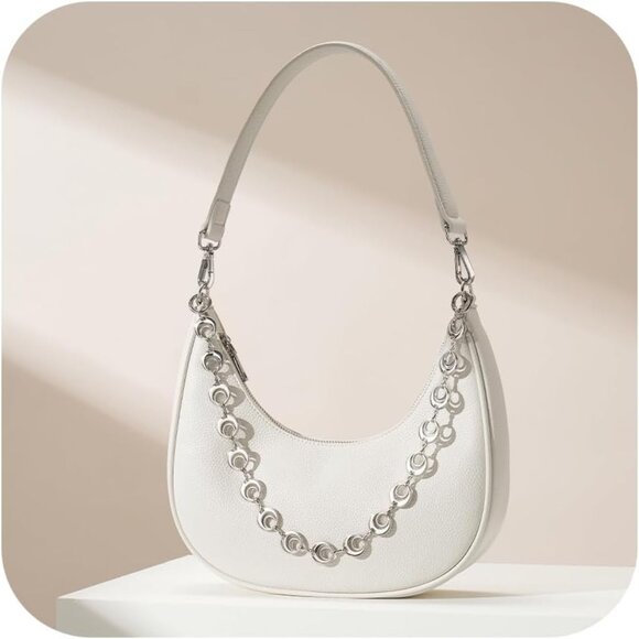 Small Women's PU Leather Crescent Hobo Bag Silver Chain Multiway Casual - Picture 1 of 7